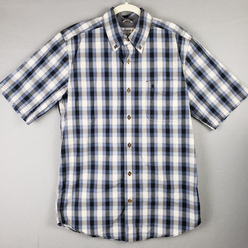 Carhartt Size M Short Sleeve Plaid Button Up Blue Black Relaxed Fit Gorpcore
